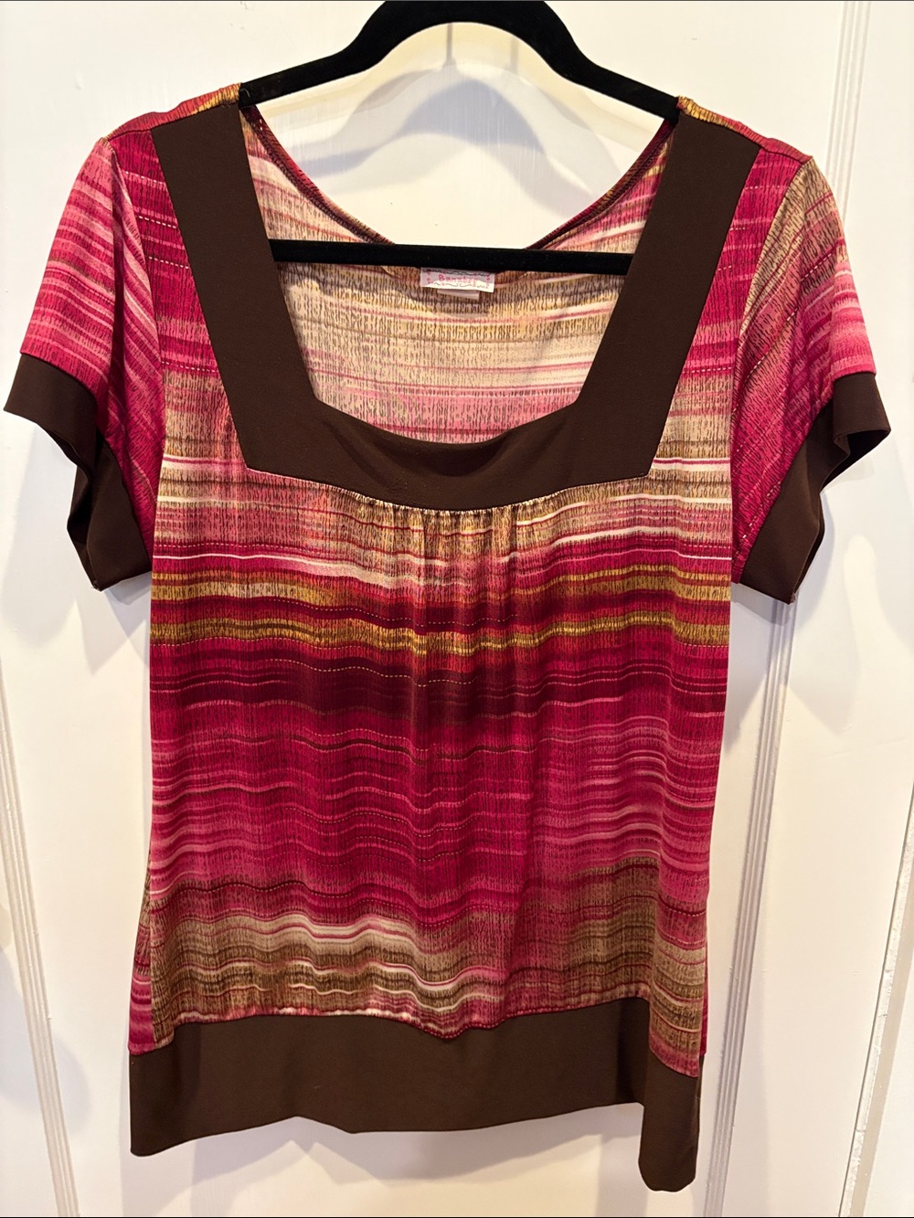 Square-Neck Striped Pink & Brown Short-Sleeve Blouse BN533
